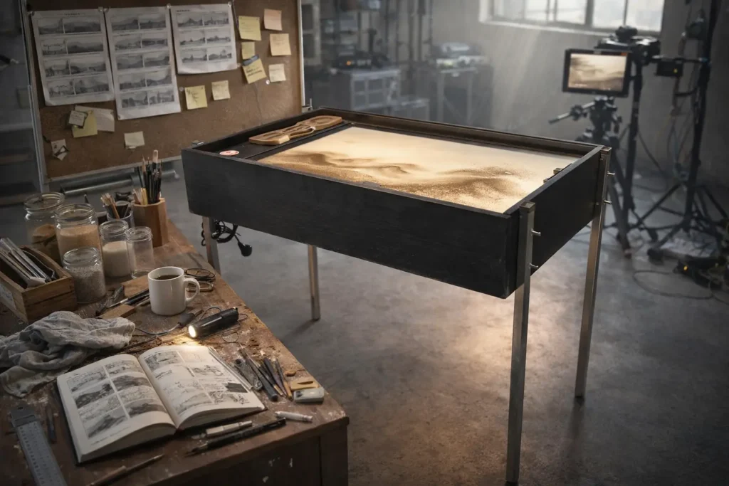 Professional sand animation table with backlit LED glass surface and industrial stainless steel legs in a creative studio setting.