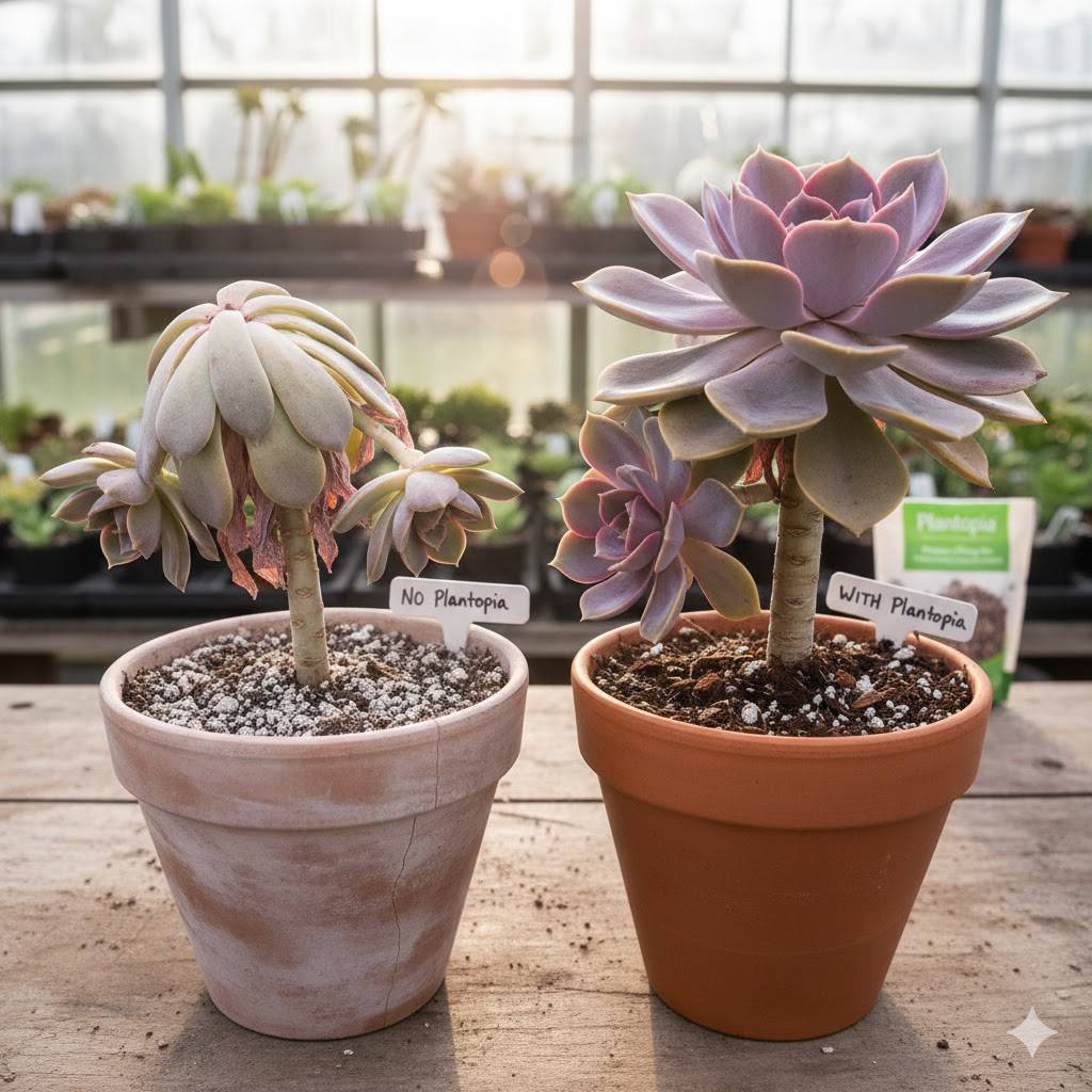 Healthy succulent grown in quality potting mix compared with a weak succulent grown without proper potting soil