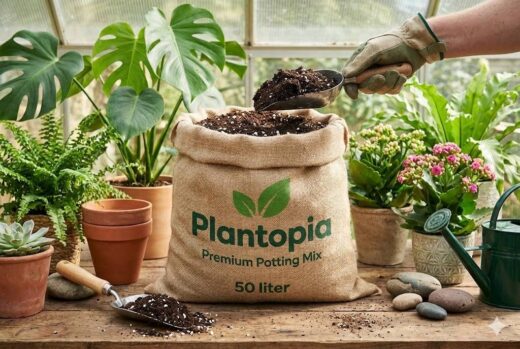 Plantopia 50L bag of premium succulent potting mix and organic indoor plant soil spilling onto a wooden table next to a Monstera plant and gardening tools.