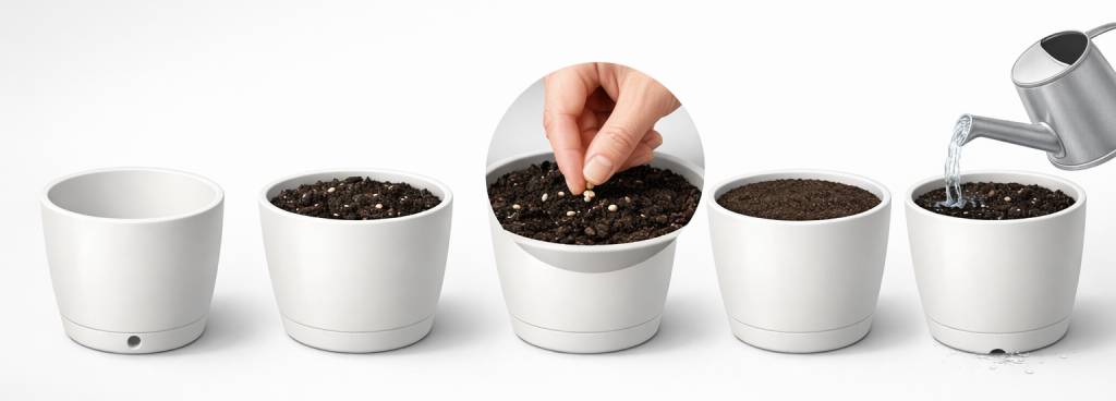 Step-by-step process showing potting mix added to a plant pot, seeds being planted, and soil being watered for healthy plant growth.