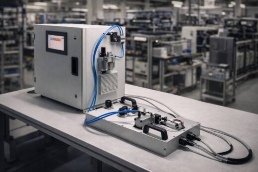 PLC Industrial Process Automation solenoid coil testing machine with control panel, HMI touchscreen, pneumatic lines, and precision testing fixture installed on an industrial worktable in a factory environment.