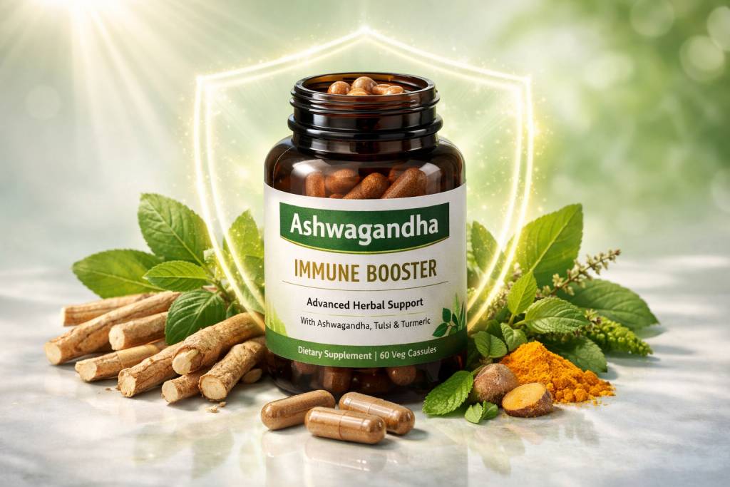Ashwagandha immune booster herbal capsules and supplement bottle with natural roots and green leaves to support immunity and overall health