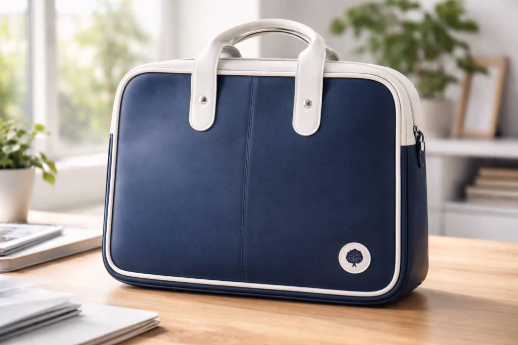 Blue vegan leather business bag with white handles placed on a wooden desk in bright natural daylight.

