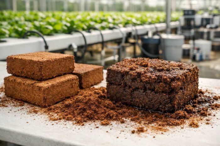 Buffered coco peat bricks used in hydroponics with expanded coco peat and hydroponic farm background