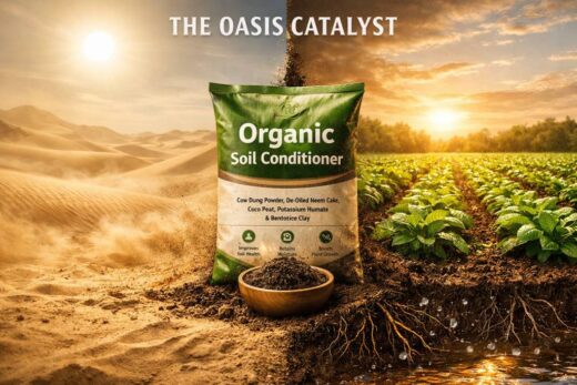 A split-screen visual showing desert land vs fertile soil, showcasing the impact of organic soil conditioner from Passaro International, a leading Indian manufacturer and exporter.