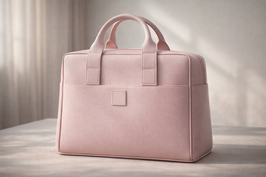 Soft pink vegan leather handbag with dual handles displayed in bright natural daylight.