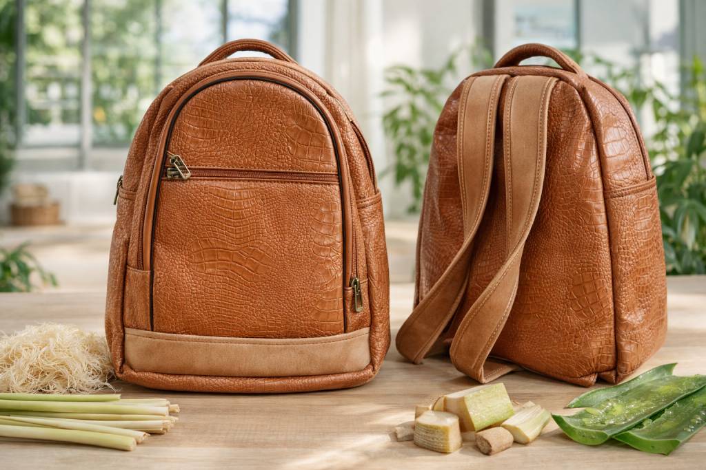 Two brown vegan leather backpacks displayed on a wooden surface in a bright eco-studio, one showing the front with a zipper pocket and textured finish and the other angled to show padded shoulder straps, surrounded by lemongrass, plant fibers, and aloe vera to highlight their plant-based materials.