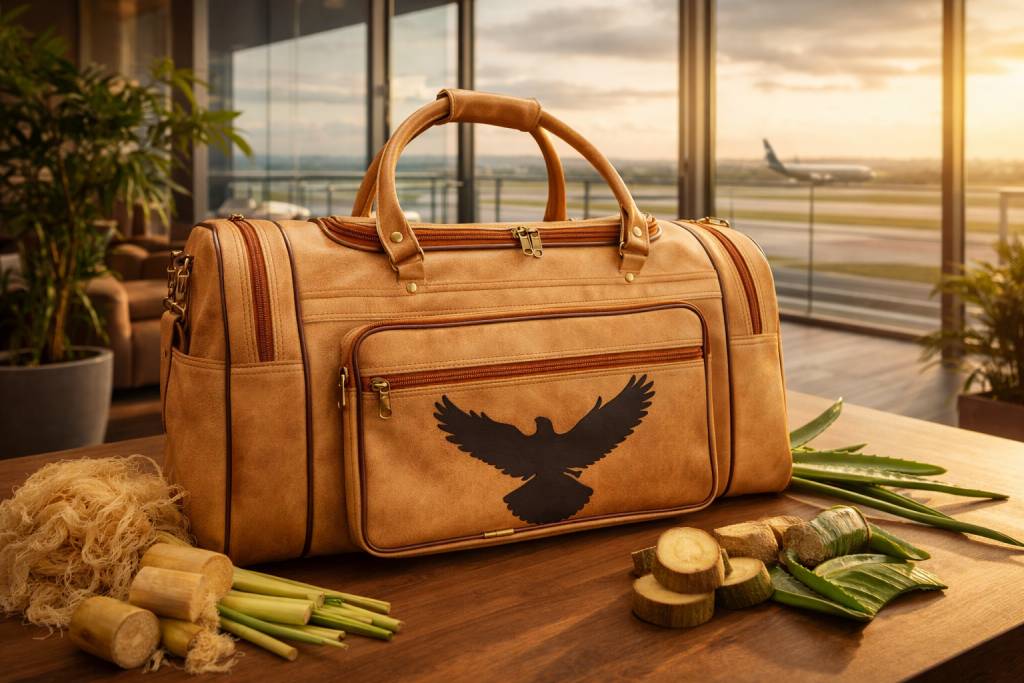 Tan vegan leather duffel travel bag with top handles and front zipper pocket displayed on a wooden table in a sunlit airport lounge, surrounded by sugarcane fibers, lemongrass stalks, banana stem pieces, and aloe vera leaves to highlight its plant-based materials.
