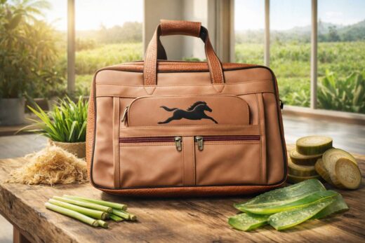 Tan plant-based vegan leather handbag with top handles and front zipper pockets displayed on a wooden table in a sunlit eco-studio, surrounded by sugarcane fibers, lemongrass stalks, banana stem slices, and aloe vera leaves to emphasize its sustainable materials.