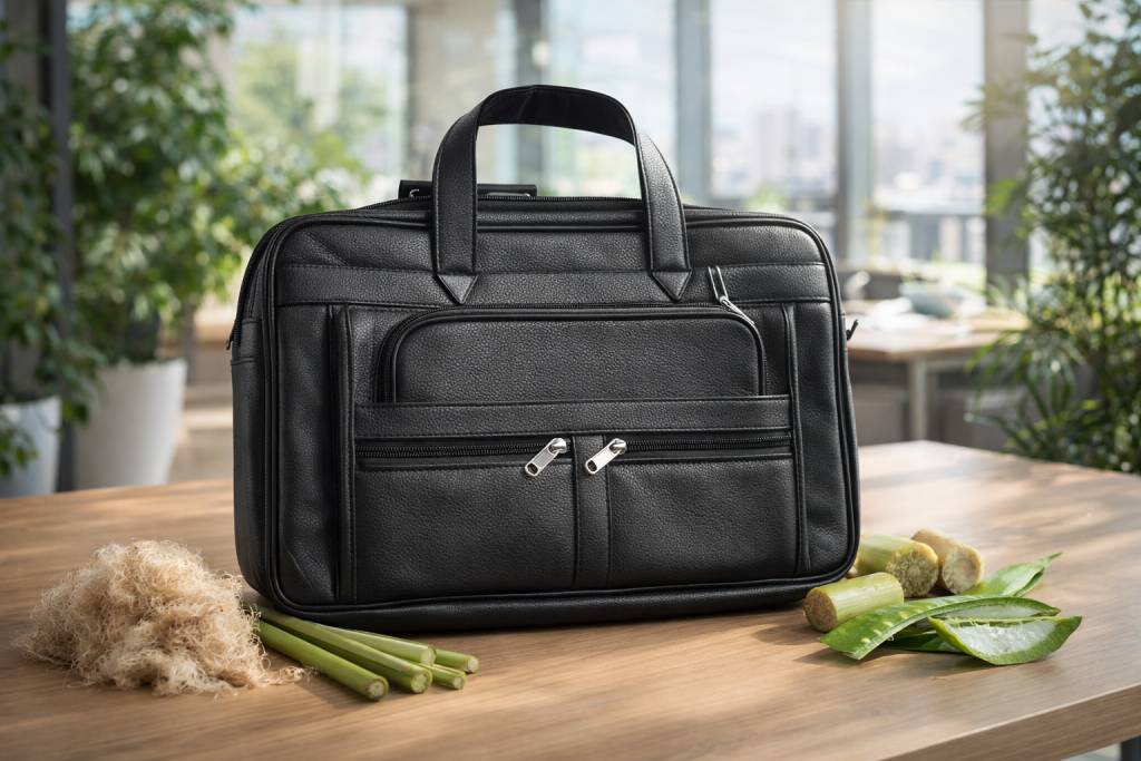 Black vegan leather laptop bag with dual top handles and front zipper pockets displayed on a wooden table in a bright eco-studio, surrounded by sugarcane fibers, lemongrass stalks, banana stem pieces, and aloe vera leaves to highlight its plant-based materials.