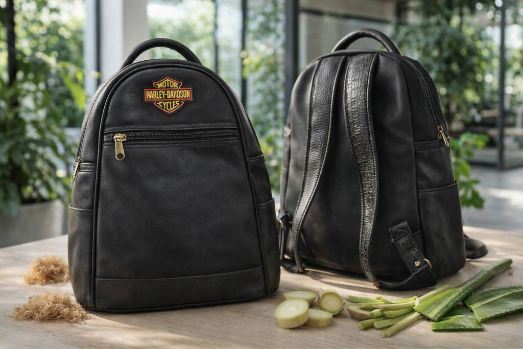 Two black backpacks displayed on a wooden table in a bright eco-style studio—one facing forward with a front zipper pocket and logo patch, the other angled to show padded shoulder straps—surrounded by natural plant materials like aloe vera and fiber elements.
