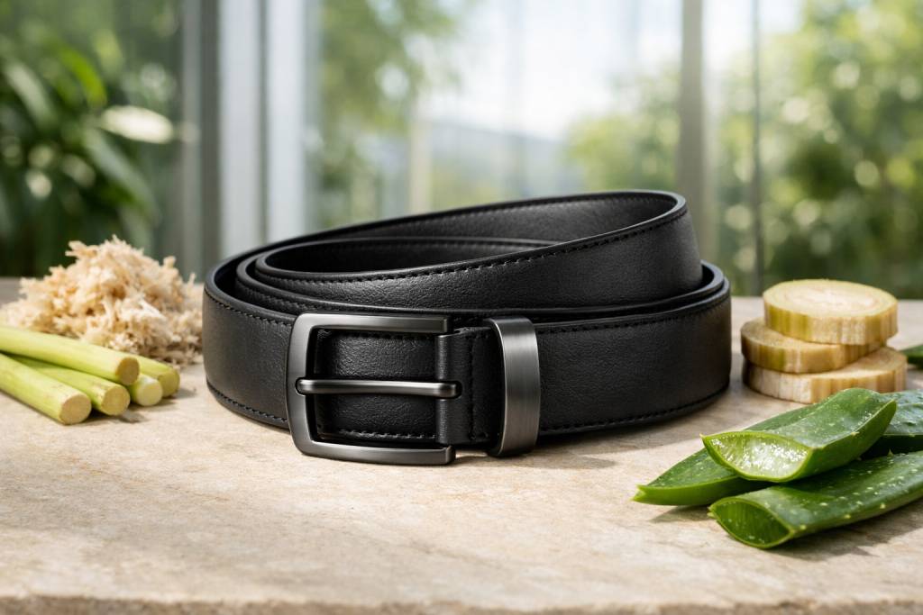 Ultra-detailed matte black vegan belt made from plant-based vegan leather, displayed in a bright eco-luxury studio with natural fibers highlighting sustainable materials.