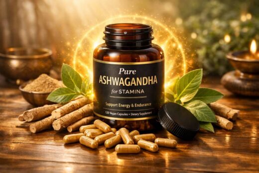 Pure Ashwagandha for Stamina capsules and supplement bottle with natural ashwagandha roots and leaves for energy, strength and vitality