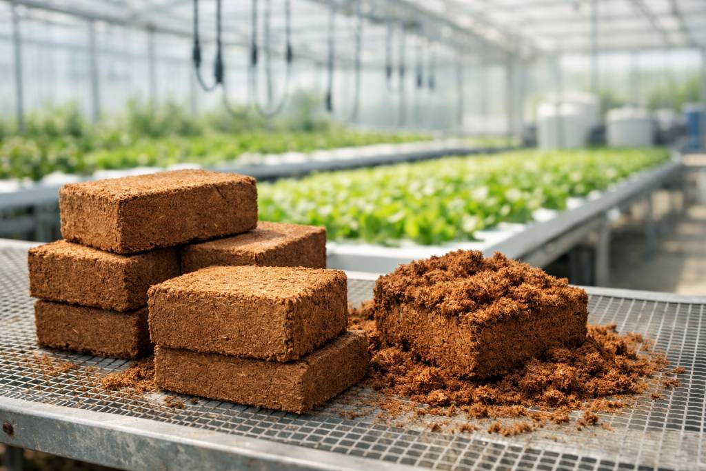 Buffered coco peat bricks used in hydroponics with expanded coco peat and hydroponic farm background