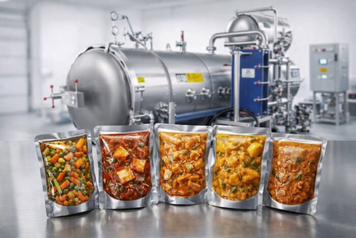 Ultra-photorealistic view of an industrial retort food processing facility with sealed ready-to-eat pouches, thermocouple probe, and 121°C pressure sterilization.