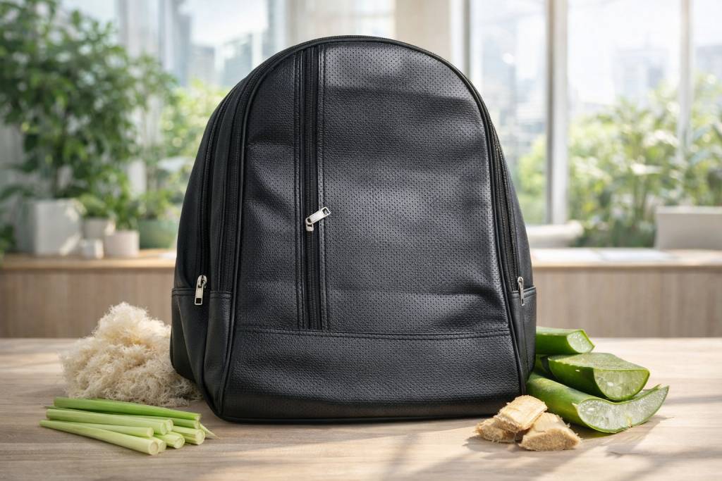 Black vegan leather laptop backpack with a smooth textured finish and front zipper pocket, displayed on a wooden table in a bright eco-studio, surrounded by sugarcane fibers, lemongrass stalks, banana stem pieces, and aloe vera leaves to emphasize its plant-based materials.