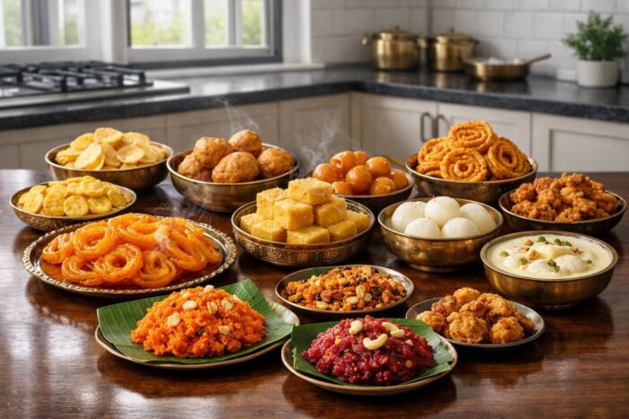 A vibrant selection of traditional treats from SRM Sweets and Snacks, an Authentic Indian Snack Manufacturer. The display features a range of handcrafted sweets and savories, including various Laddus, Ghee Mysore Pak, and crispy Murukku, highlighting the extensive catalog available for global export and bulk party orders