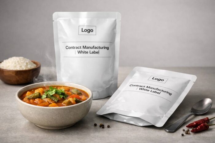 A professional showcase of retort RTE food manufacturing for white labeling and contract manufacturing services, featuring shelf-stable pouches and a bowl of fresh Indian curry.