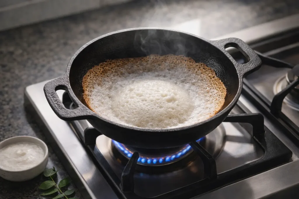 A heavy-duty cast iron appam pan on a gas stove featuring a perfectly cooked appam with crispy brown edges and a soft, fluffy center.