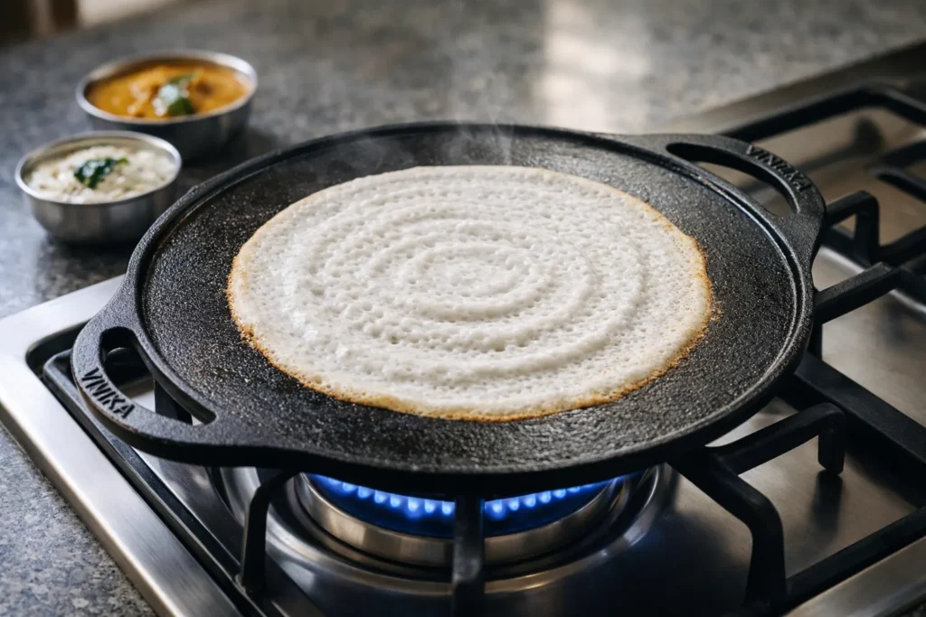 A flat, round cast iron dosa tawa on a gas stove with a perfectly thin and crispy golden-brown dosa roasting on its surface.