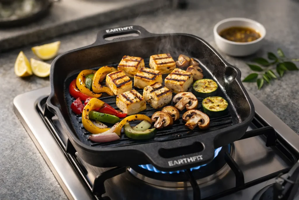 Square cast iron grill pan on a gas stove featuring grilled tofu, zucchini, mushrooms, and bell peppers with deep sear marks and rising steam.
