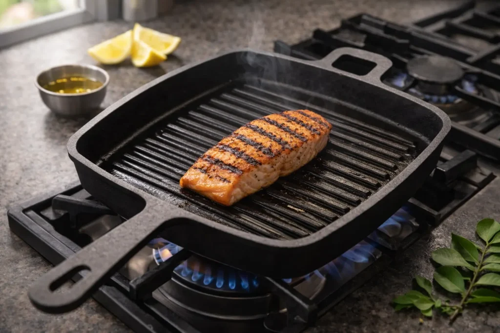 A square pre-seasoned cast iron grill pan on a gas stovetop featuring a perfectly seared salmon fillet with deep, crispy grill marks.