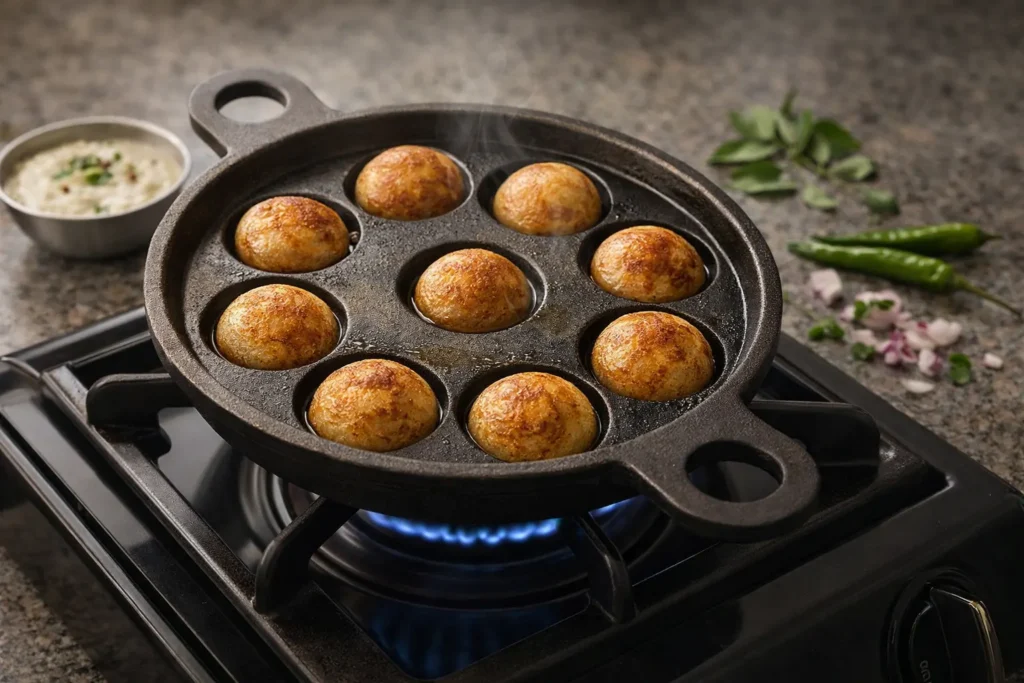 A traditional 7-pit cast iron paniyaram pan on a gas burner featuring golden-brown, crispy paniyarams cooking to perfection.