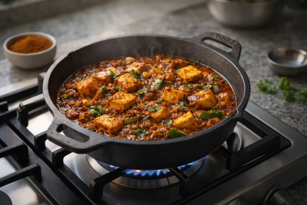 A heavy-duty cast iron shallow kadai on a gas stove simmering a rich paneer masala curry with fresh herbs and rising steam.
