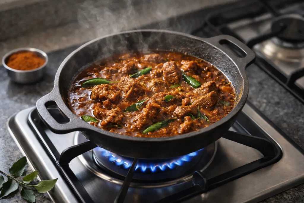 A heavy-duty cast iron shallow kadai on a gas stove simmering a rich, spicy meat curry garnished with fresh green chilies and curry leaves.