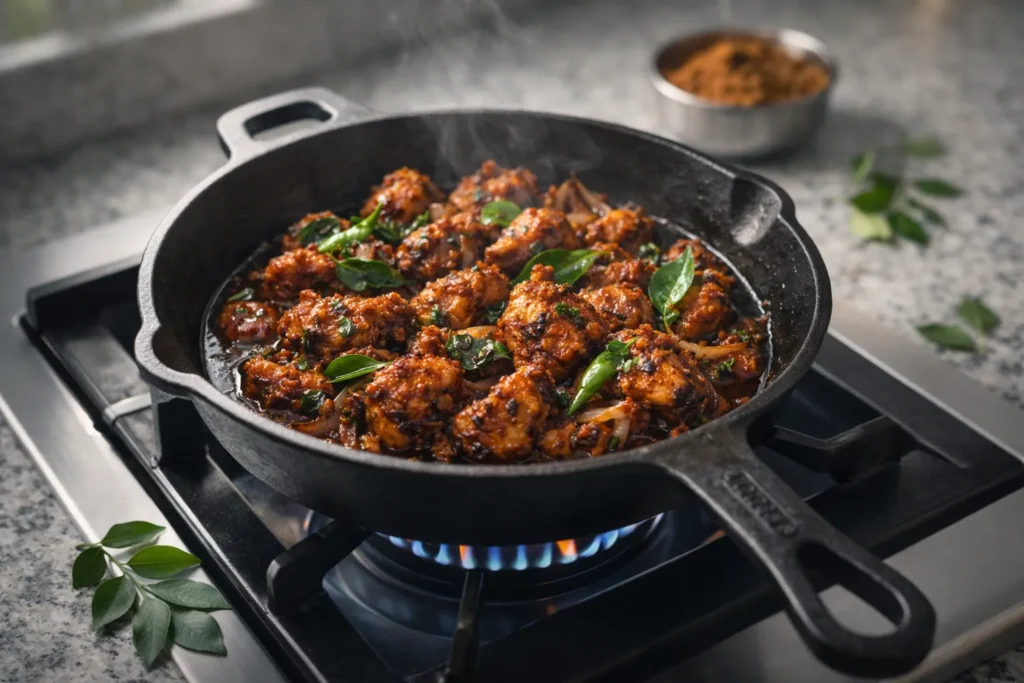 A heavy-duty deep cast iron fry pan on a gas stovetop cooking a spicy chicken roast with onions, green chilies, and fresh curry leaves.