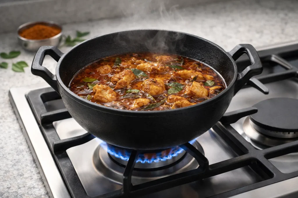 A deep, pre-seasoned cast iron cooking pan on a gas stovetop simmering a rich, aromatic chicken curry with fresh curry leaves and rising steam.