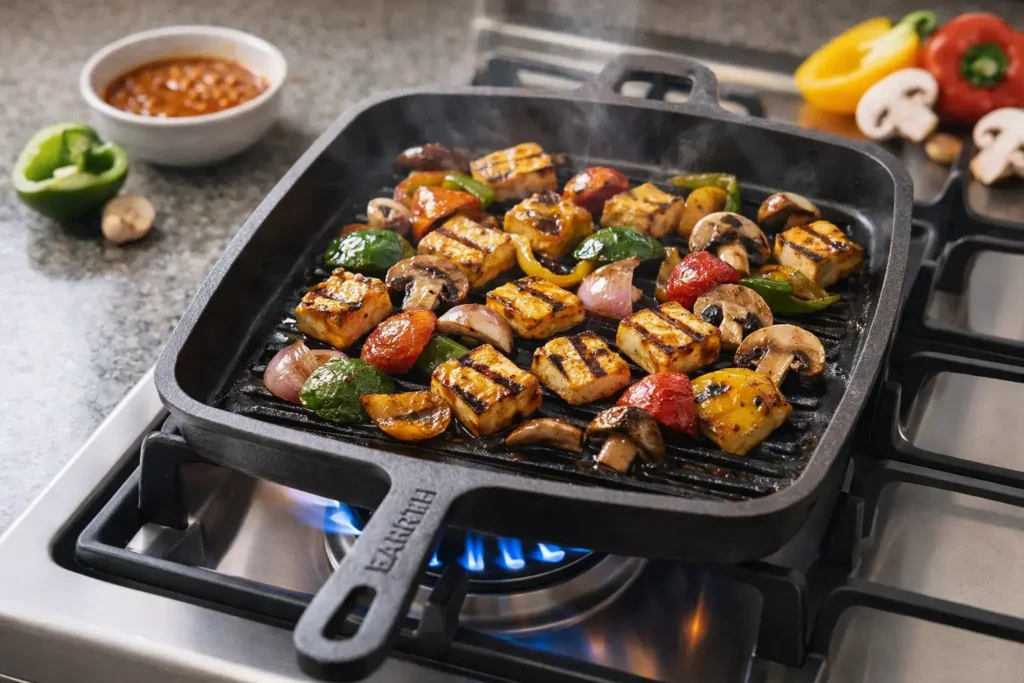A premium square cast iron grill pan on a gas stove burner featuring grilled tofu cubes, mushrooms, and bell peppers with deep, professional sear marks and rising steam.