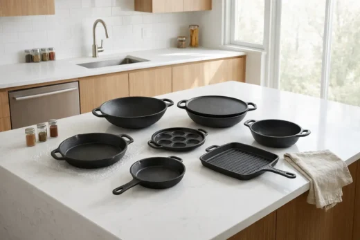A comprehensive collection of pre-seasoned cast iron cookware including a grill pan, dosa tawa, kadai, and paniyaram pan displayed on a white marble kitchen counter.
