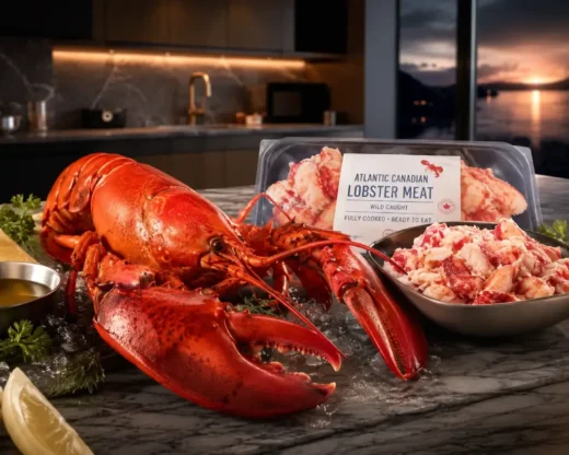 Atlantic Canadian Lobster India – ultra photorealistic modern kitchen setup featuring fresh Atlantic Canadian lobster and lobster meat ready to be cooked with cinematic lighting.
