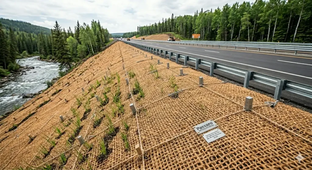 Passaro International coir erosion control blanket installed for highway embankment protection along a newly paved road, featuring a woven fiber matrix anchored with stakes and grid lines near a river channel.