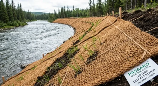 Passaro International 700 GSM woven coir erosion control blanket installed for riverbank stabilization along a flowing river channel, featuring sprouted vegetation and wooden stakes.