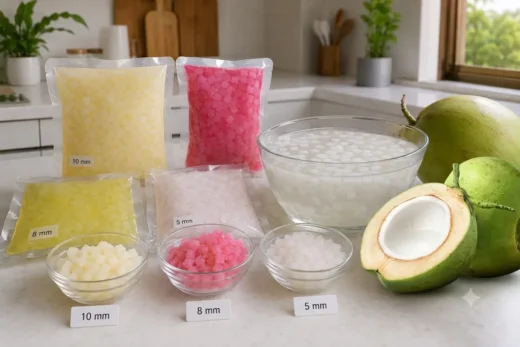 Freeze Dried Young Coconut Meat cubes in 5 mm, 8 mm, and 10 mm sizes, displayed in vacuum-sealed packs and bowls alongside fresh young coconuts, showcasing premium export-quality coconut meat.
