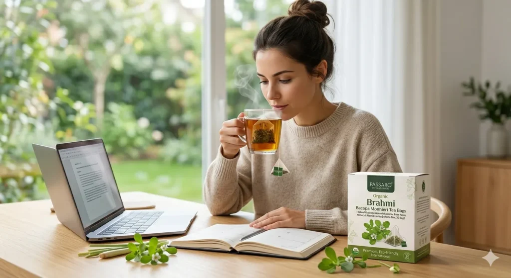 A young woman focused on studying and working at a modern wooden desk with an open laptop and notebook, sipping a steaming glass mug of Passaro Organic Brahmi Bacopa Monnieri Tea as a natural brain booster tea for mental clarity, next to the green product box and fresh Brahmi leaves with bright backyard garden views in the background.