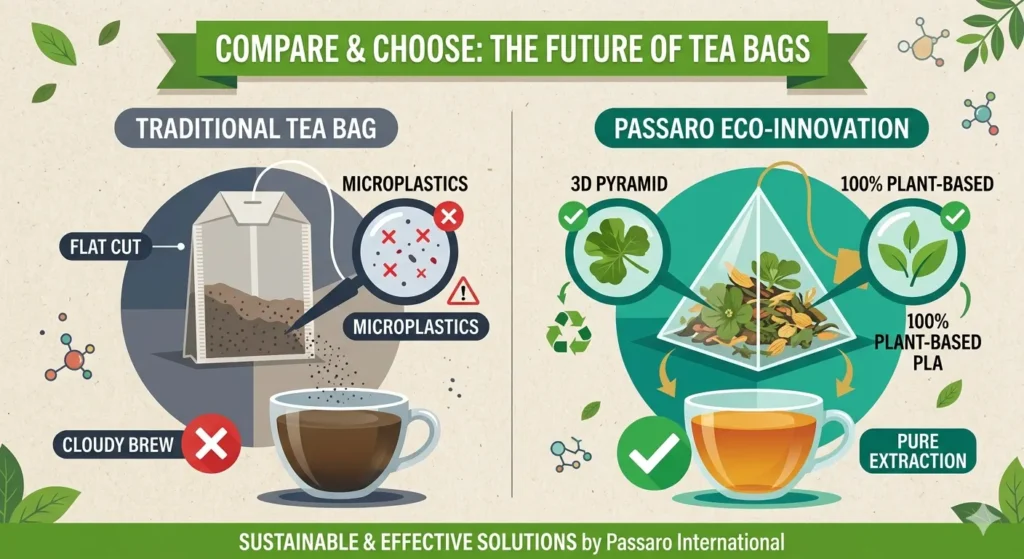 Side-by-side infographic comparison between a traditional flat cut tea bag causing a cloudy brew with microplastics versus the Passaro Eco-Innovation 3D pyramid tea bag made of 100% plant-based PLA for a pure botanical extraction.