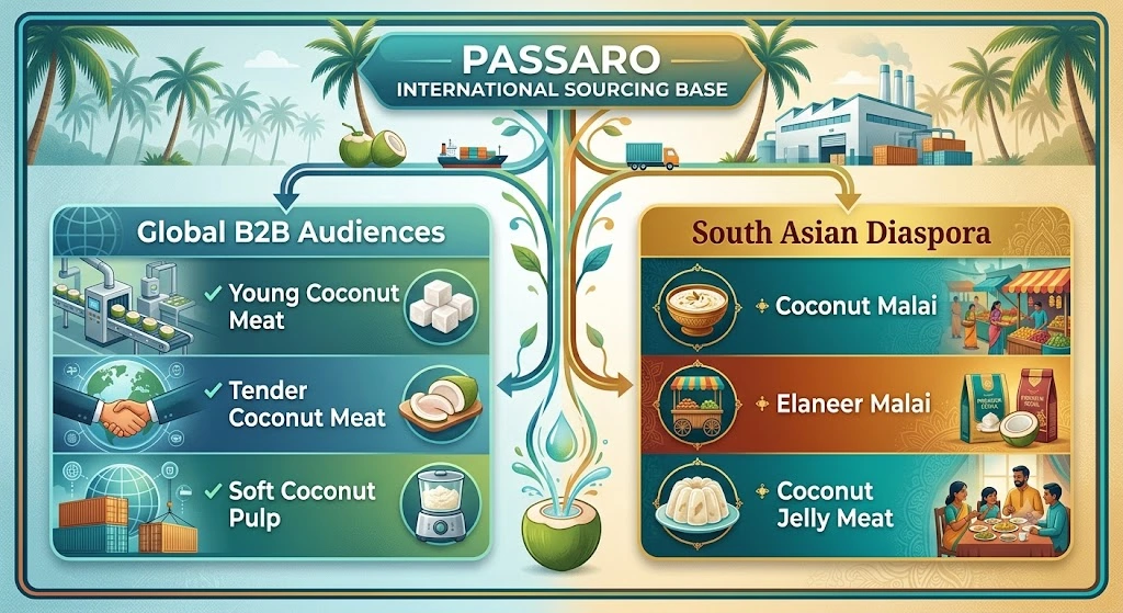 Infographic for Passaro International showing sourcing pathways for Freeze Dried Young Coconut Meat, tender coconut, and pulp for B2B and diaspora markets.