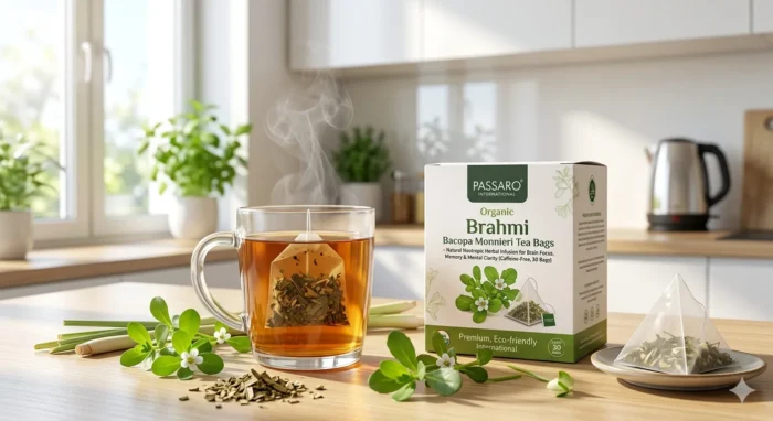 Premium packaging box of Passaro International Organic Brahmi Bacopa Monnieri Tea Bags next to a glass mug of steaming hot amber tea with a PLA biodegradable pyramid bag inside, surrounded by fresh green Brahmi leaves and lemongrass on a bright, modern wooden kitchen table during daytime.