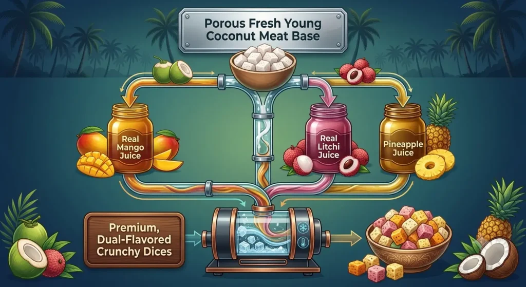 nfographic illustrating the process of infusing a porous fresh young coconut meat base with real mango, litchi, and pineapple juices to create premium, dual-flavored crunchy dices.