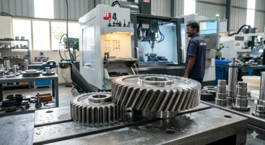 A close-up, highly detailed view of custom-machined metal helical gears sitting on a workshop bench with cutting fluid residue. In the background of precision-gear-parts-india-cnc-factory.webp, a cheerful machinist operates a modern VF 4 vertical CNC machine center inside a bright, well-lit production facility specializing in precision gear parts India under natural daytime lighting.