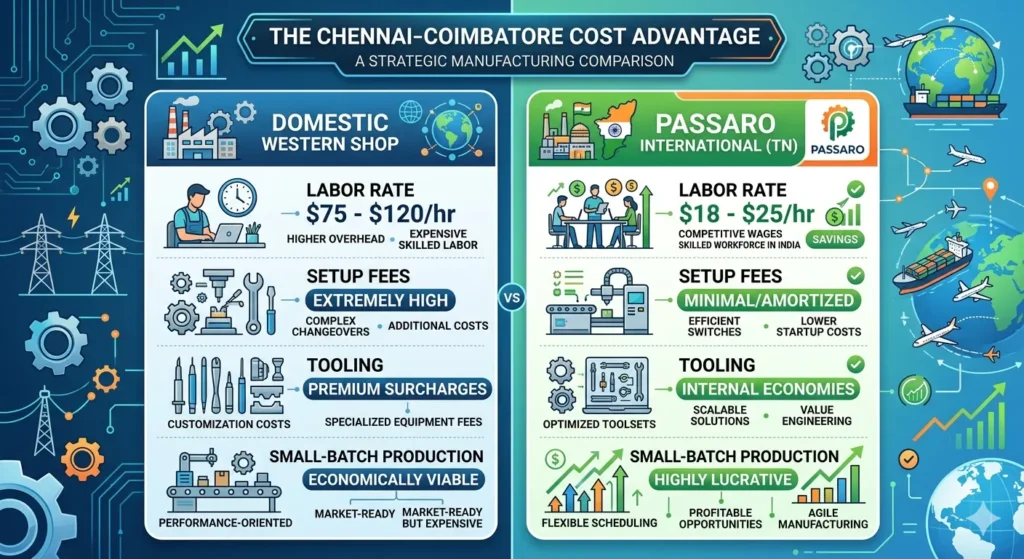 A detailed side-by-side comparison infographic titled "The Chennai-Coimbatore Cost Advantage" illustrating the cost-effectiveness of sourcing precision gear parts India through Passaro International in Tamil Nadu versus utilizing a Domestic Western Shop. The chart details four major operational metrics: Labor Rates ($75–$120/hr domestic vs. $18–$25/hr Passaro), Setup Fees (Extremely High vs. Minimal/Amortized), Tooling costs (Premium Surcharges vs. Internal Economies), and Small-Batch Production efficiency (Economically Viable vs. Highly Lucrative), surrounded by icons representing global logistics, shipping lanes, and engineering.