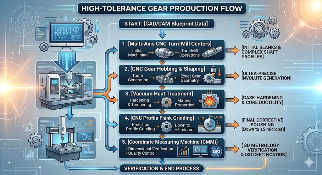 A detailed industrial infographic flowchart outlining the complete 'HIGH-TOLERANCE GEAR PRODUCTION FLOW' for Precision gear parts India. The diagram guides through the manufacturing steps starting from CAD/CAM blueprint data, moving to Multi-Axis CNC Turn-Mill Centers, CNC Gear Hobbing, Vacuum Heat Treatment, and CNC Profile Flank Grinding for accuracy down to ±5 microns, culminating in Coordinate Measuring Machine (CMM) verification and ISO certification. Illustrations of the relevant machinery accompany each stage.