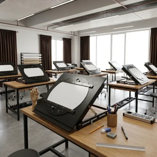An interior photograph of a modern, professional traditional 2D animation studio, featuring multiple rows of specialized desks equipped with rotating animation lightboxes and discs (12-field and 16-field compatible) for classical hand-drawn character design and inbetweening.