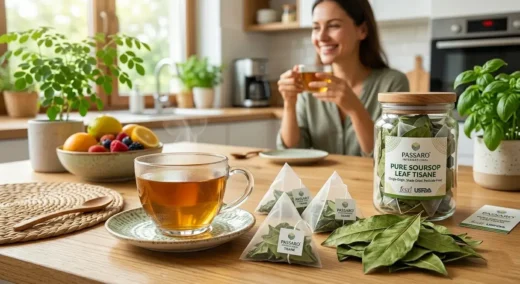 Pure Premium Soursop Leaf Tea Blends by Passaro International featuring whole green soursop leaves, PLA pyramid tea bags, and a steaming cup of hot tisane on a bright modern kitchen table.