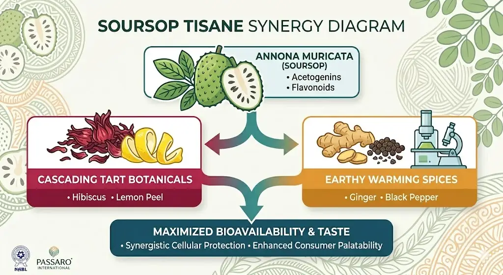 Soursop Leaf Tea Blends synergy diagram by Passaro International showing the formulation breakdown of Annona muricata with cascading tart botanicals like hibiscus and earthy warming spices.
