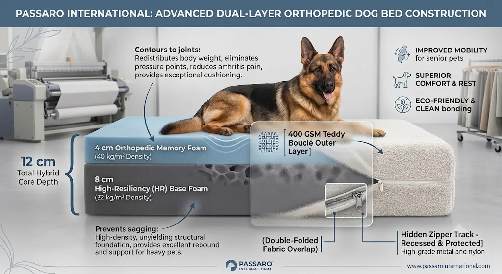 An infographic from Passaro International showing the construction of an advanced dual-layer orthopedic dog bed. The main diagram features a German Shepherd dog lying on the bed with a detailed cutaway view of the layers and components. Key details include a 4 cm Orthopedic Memory Foam top layer and an 8 cm High-Resiliency (HR) Base Foam bottom layer, totaling 12 cm. Text callouts explain benefits like "Contours to joints" and "Prevents sagging." Further diagrams highlight the "400 GSM Teddy Bouclé Outer Layer," "Double-Folded Fabric Overlap," and "Hidden Zipper Track." Listed benefits include "Improved Mobility for senior pets," "Superior Comfort & Rest," and "Eco-Friendly & Clean bonding." The Passaro International logo and website are at the bottom.