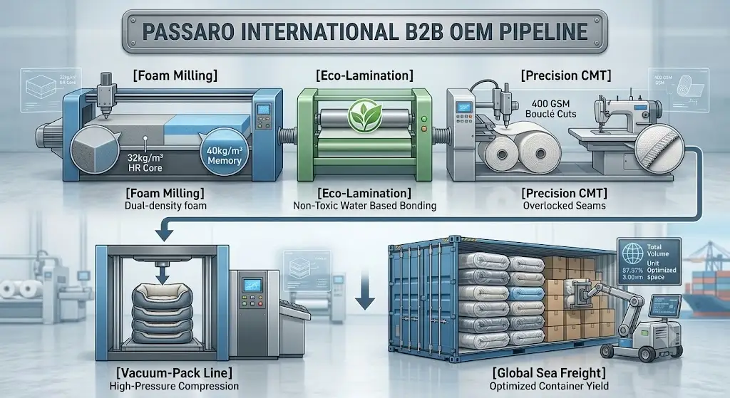 An industrial pipeline infographic by Passaro International showing their B2B OEM dog bed manufacturing process. The workflow moves step-by-step through [Foam Milling] with 32kg/m³ HR and 40kg/m³ memory foam, [Eco-Lamination] using non-toxic water-based bonding, [Precision CMT] featuring 400 GSM Bouclé cuts and overlocked seams, a [Vacuum-Pack Line] applying high-pressure compression to stacked beds, and [Global Sea Freight] showing a shipping container stacked with optimized cargo volume.